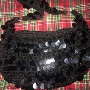 Black woven and sequined hand bag, Retro Style